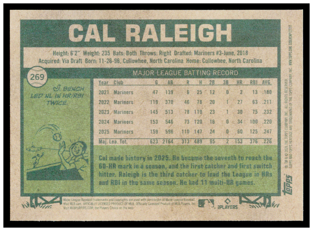 2026 Topps Heritage Cal Raleigh Card Seattle Mariners #269