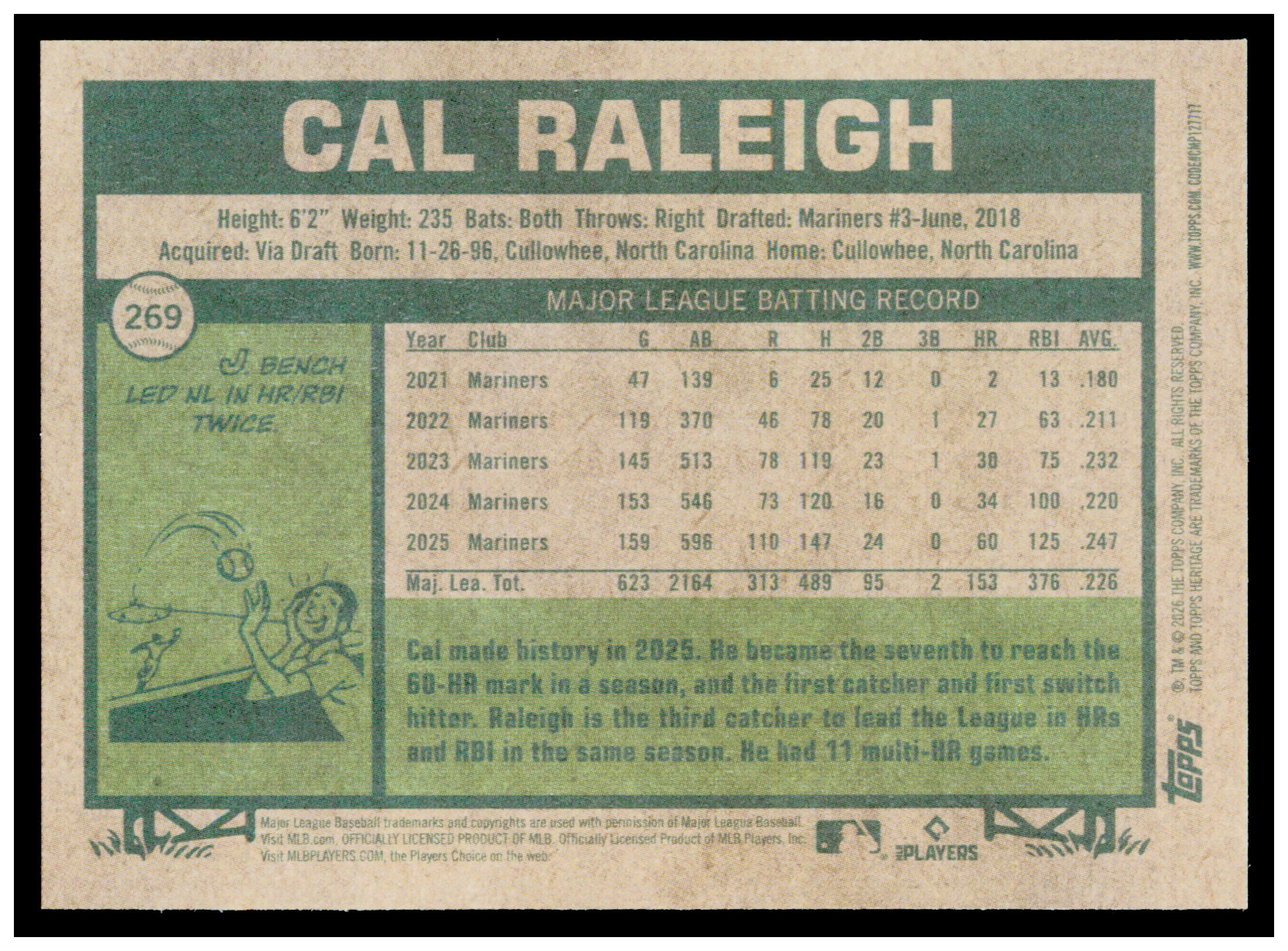 2026 Topps Heritage Cal Raleigh Card Seattle Mariners #269