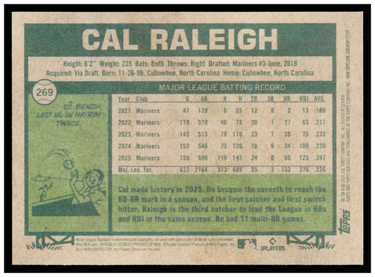 2026 Topps Heritage Cal Raleigh Card Seattle Mariners #269