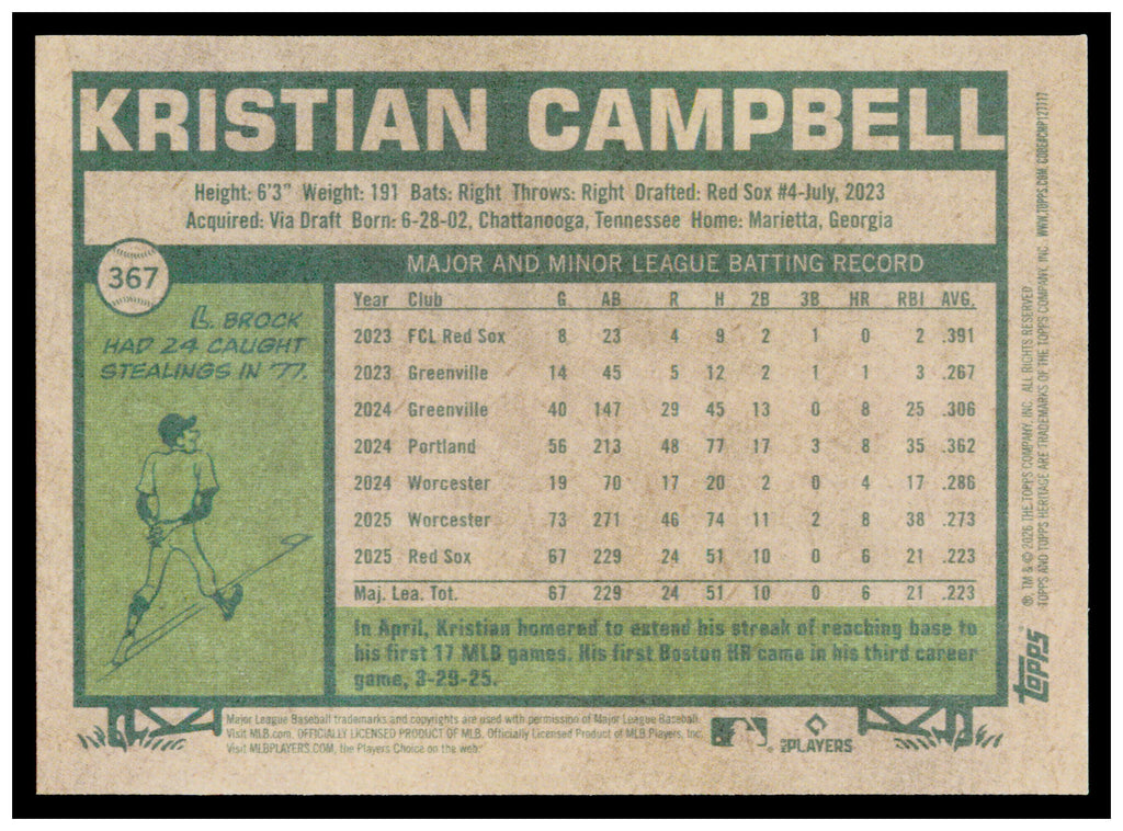 2026 Topps Heritage Kristian Campbell Card Boston Red Sox #367