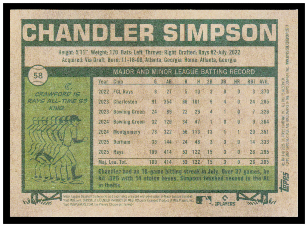 2026 Topps Heritage Chandler Simpson Card Tampa Bay Rays #58