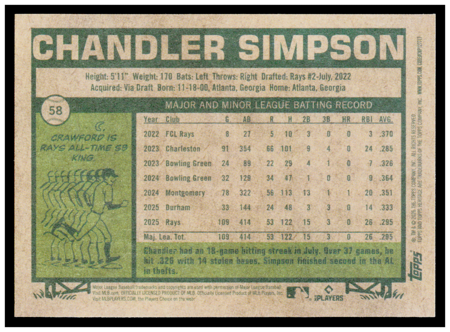 2026 Topps Heritage Chandler Simpson Card Tampa Bay Rays #58