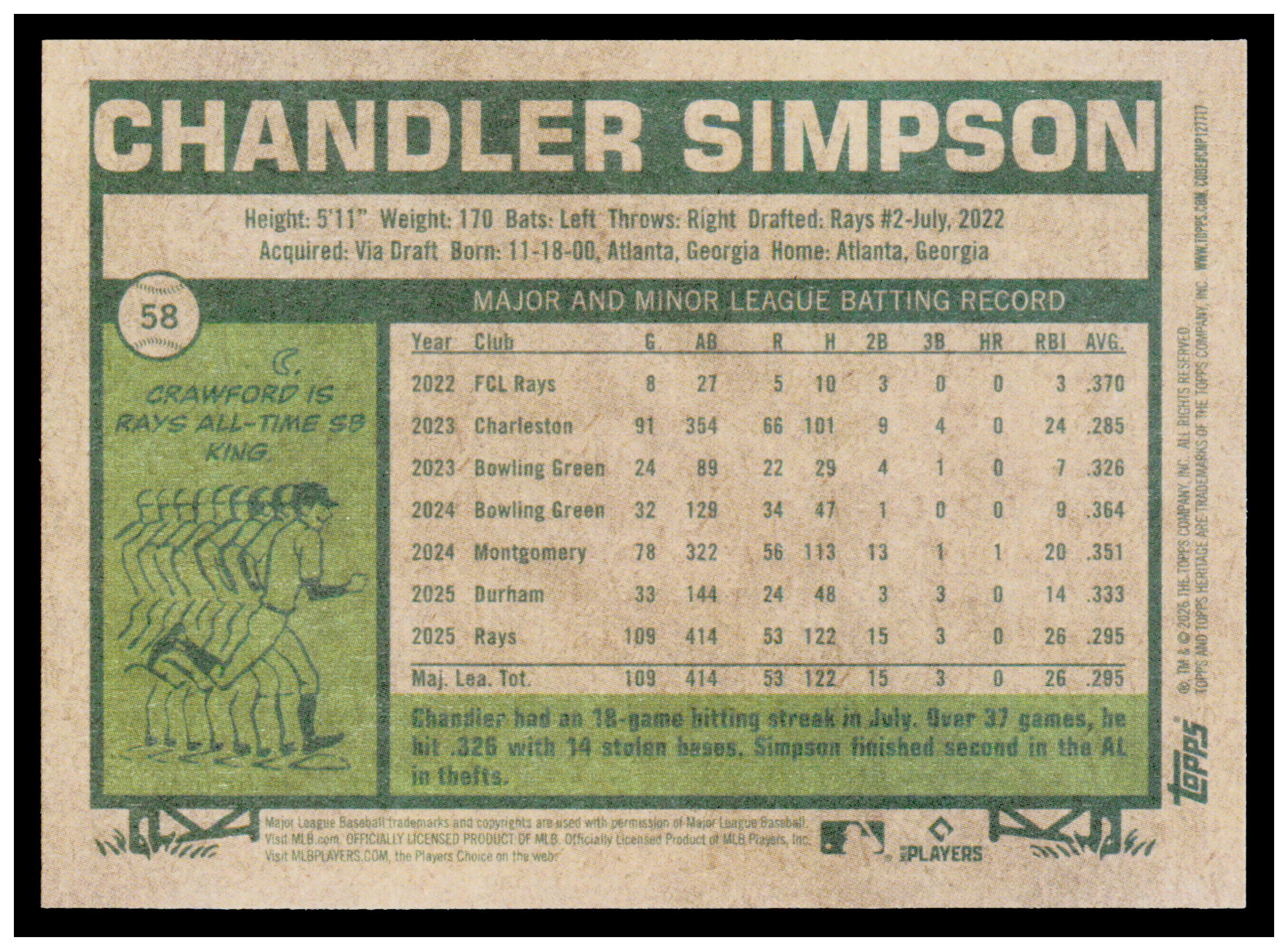 2026 Topps Heritage Chandler Simpson Card Tampa Bay Rays #58