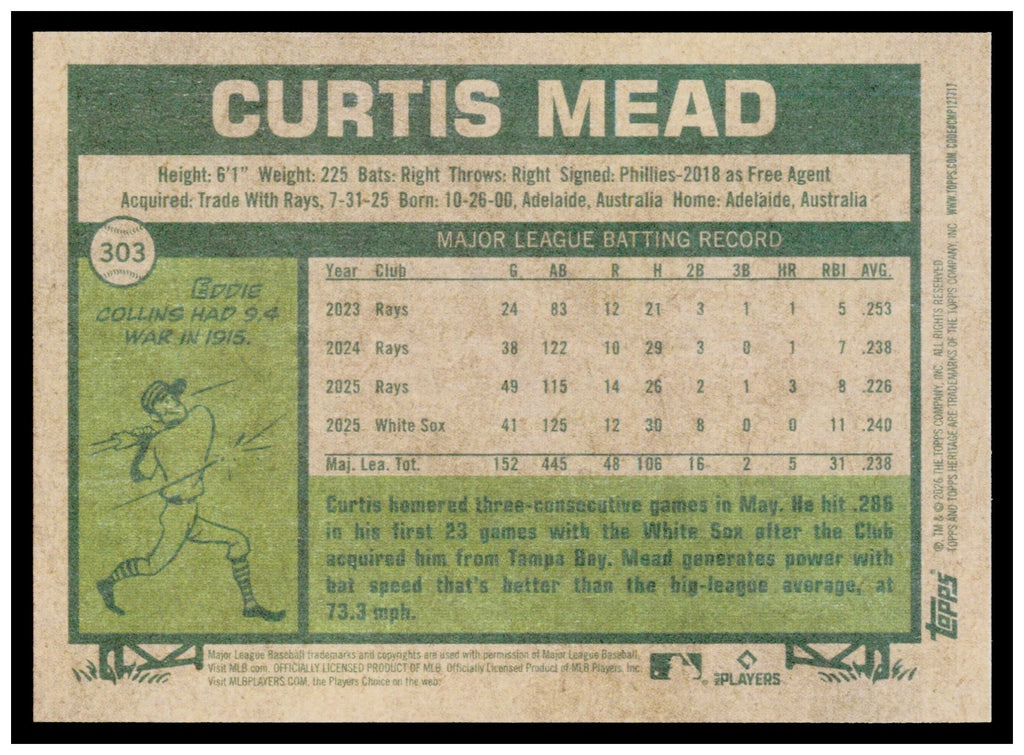 2026 Topps Heritage Curtis Mead Card Chicago White Sox #303
