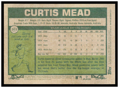 2026 Topps Heritage Curtis Mead Card Chicago White Sox #303