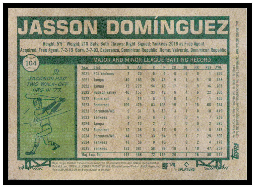 2026 Topps Heritage Jasson Domínguez Card New York Yankees #104