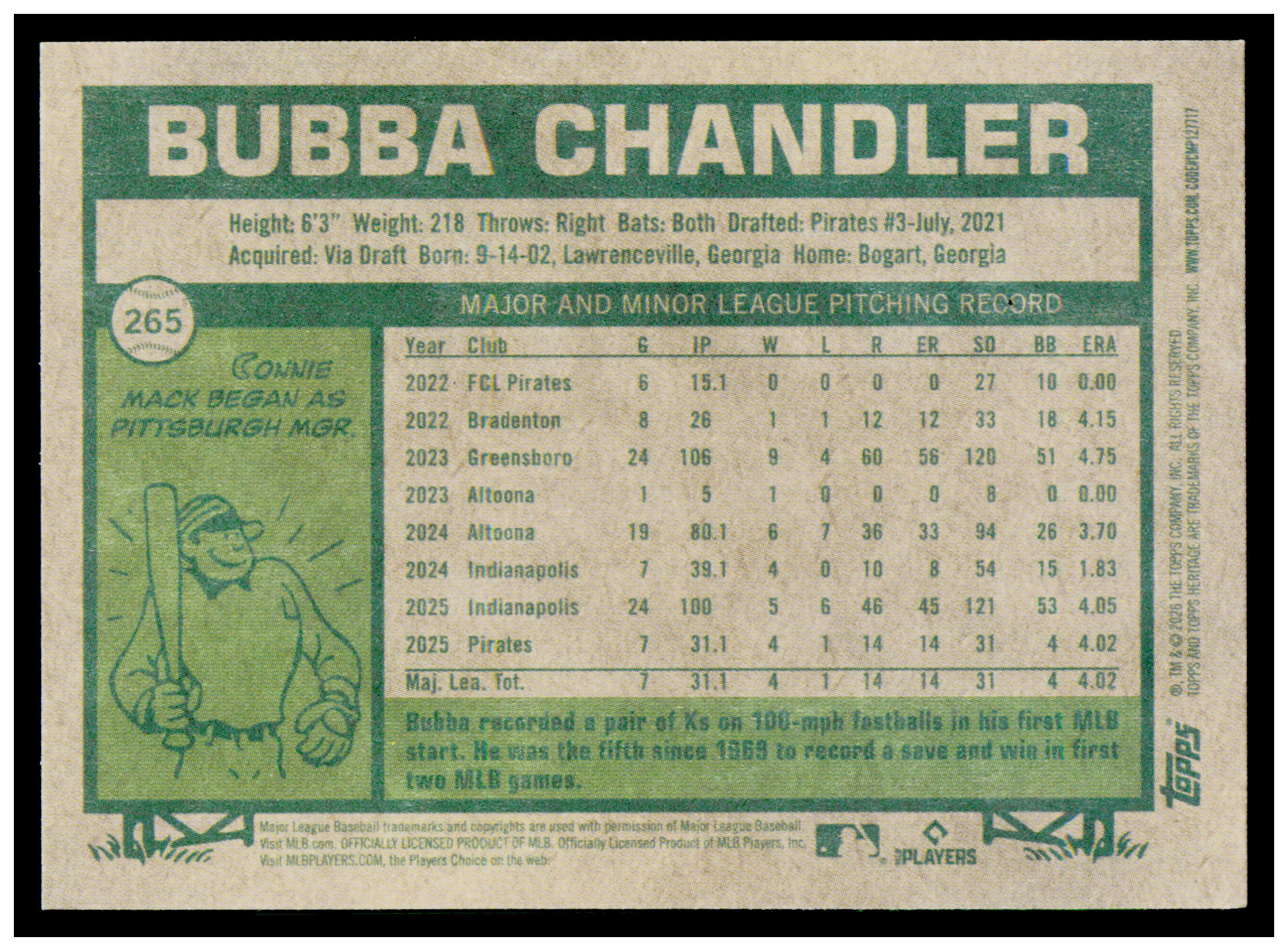 2026 Topps Heritage Bubba Chandler Card RC Pittsburgh Pirates #265