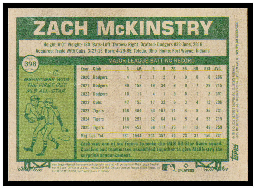 2026 Topps Heritage Zach McKinstry Card Detroit Tigers #398