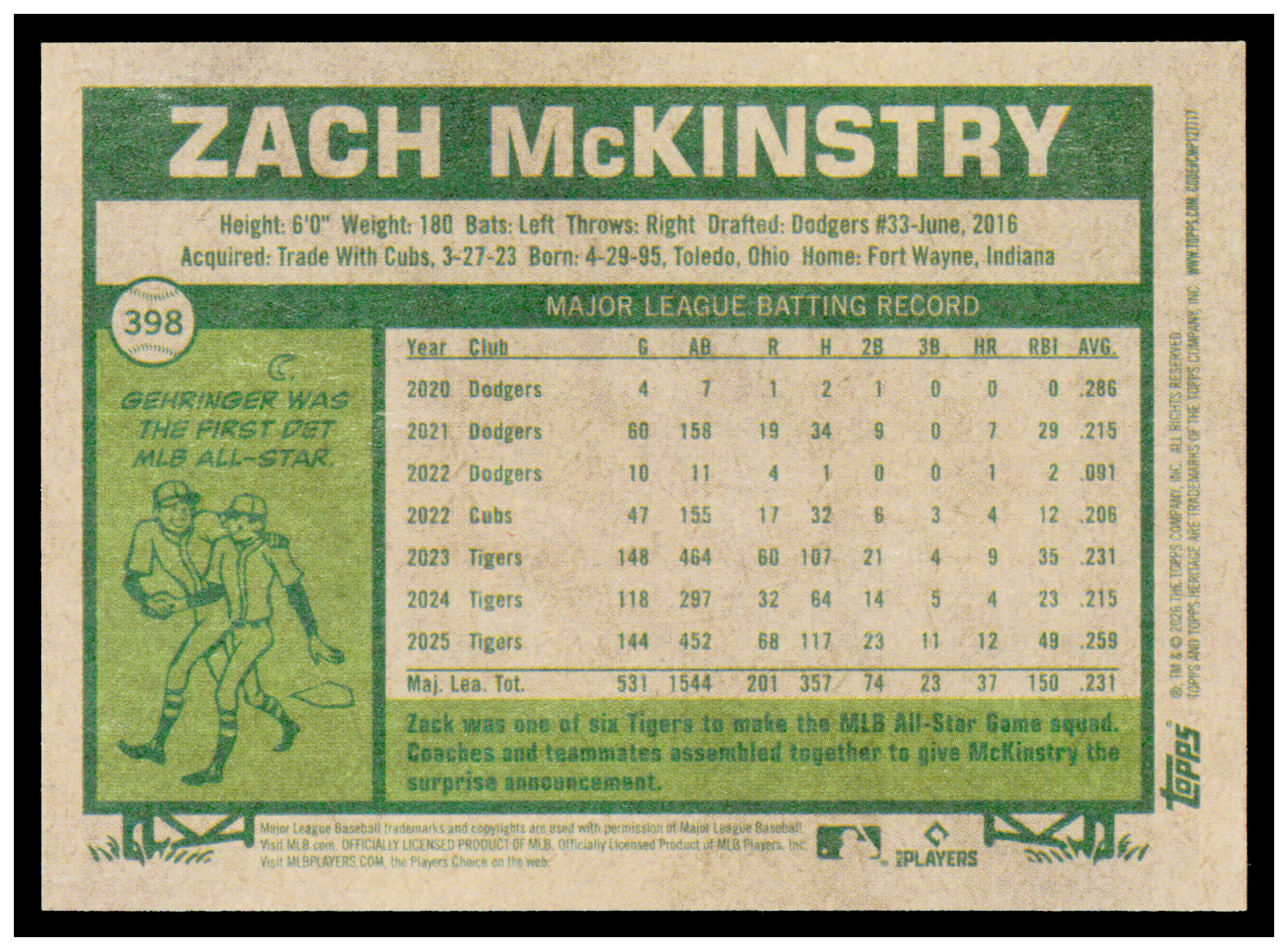 2026 Topps Heritage Zach McKinstry Card Detroit Tigers #398