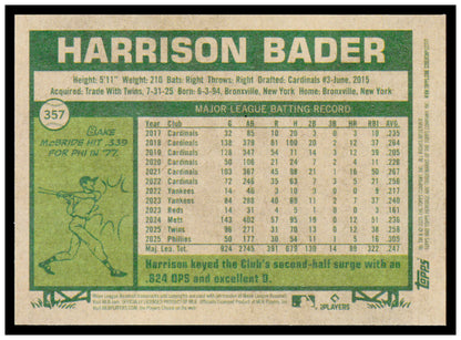 2026 Topps Heritage Harrison Bader Card Philadelphia Phillies #357