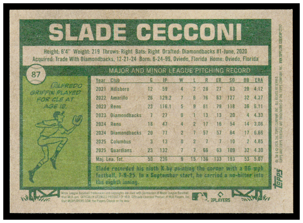 2026 Topps Heritage Slade Cecconi Card Cleveland Guardians #87
