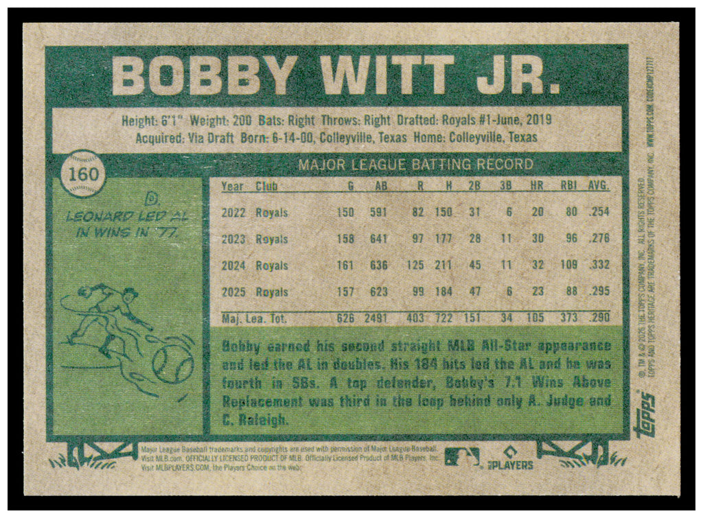 2026 Topps Heritage Bobby Witt Jr. Card Kansas City Royals #160