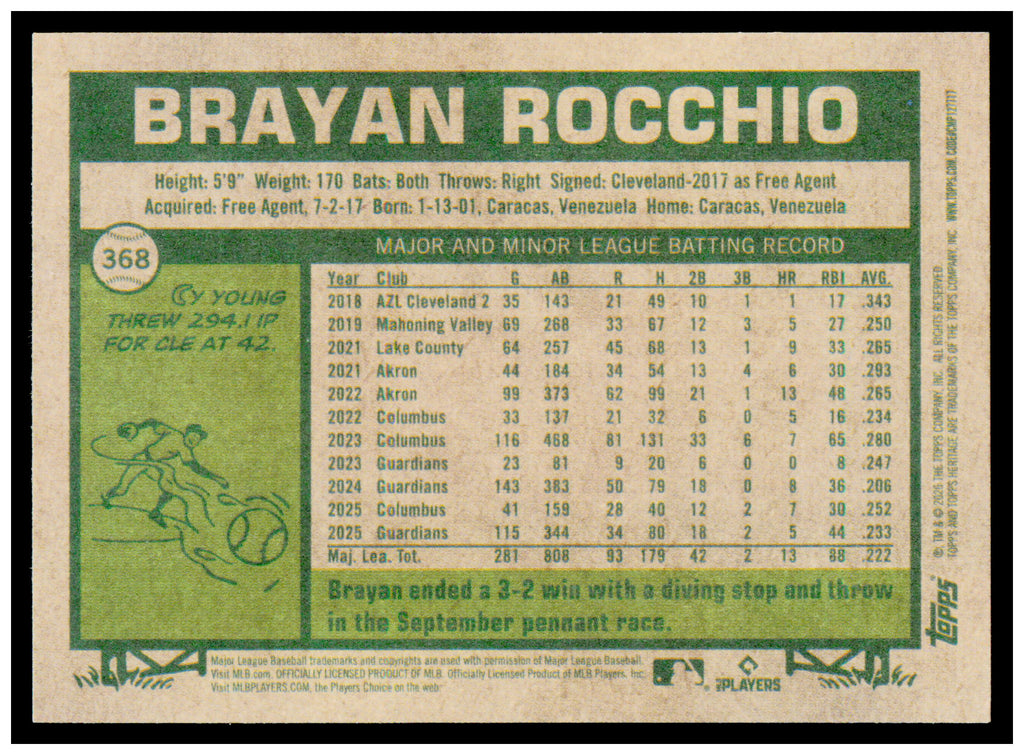 2026 Topps Heritage Brayan Rocchio Card Cleveland Guardians #368
