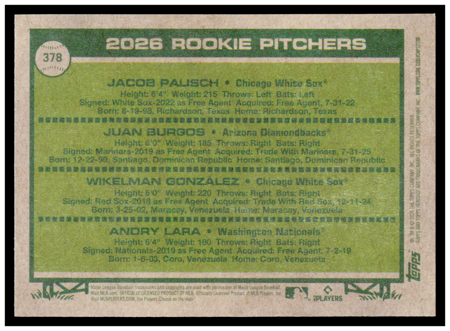 2026 Topps Heritage 2026 Rookie Pitchers BurgosGonzález Lara) Card Dark Yellow