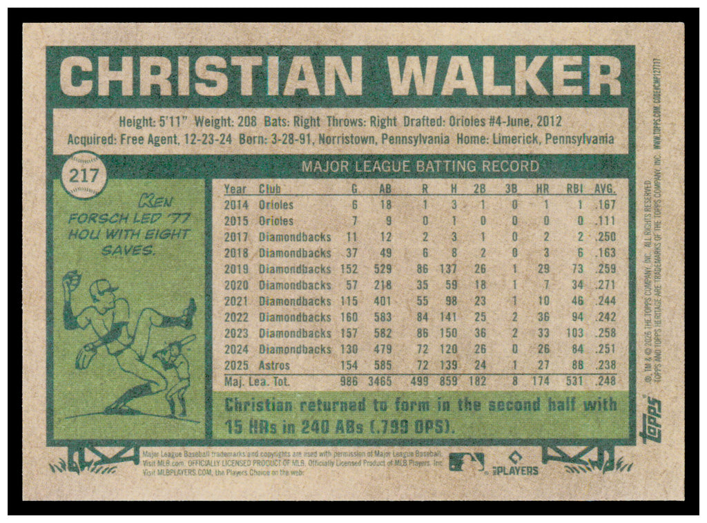 2026 Topps Heritage Christian Walker Card Houston Astros #217