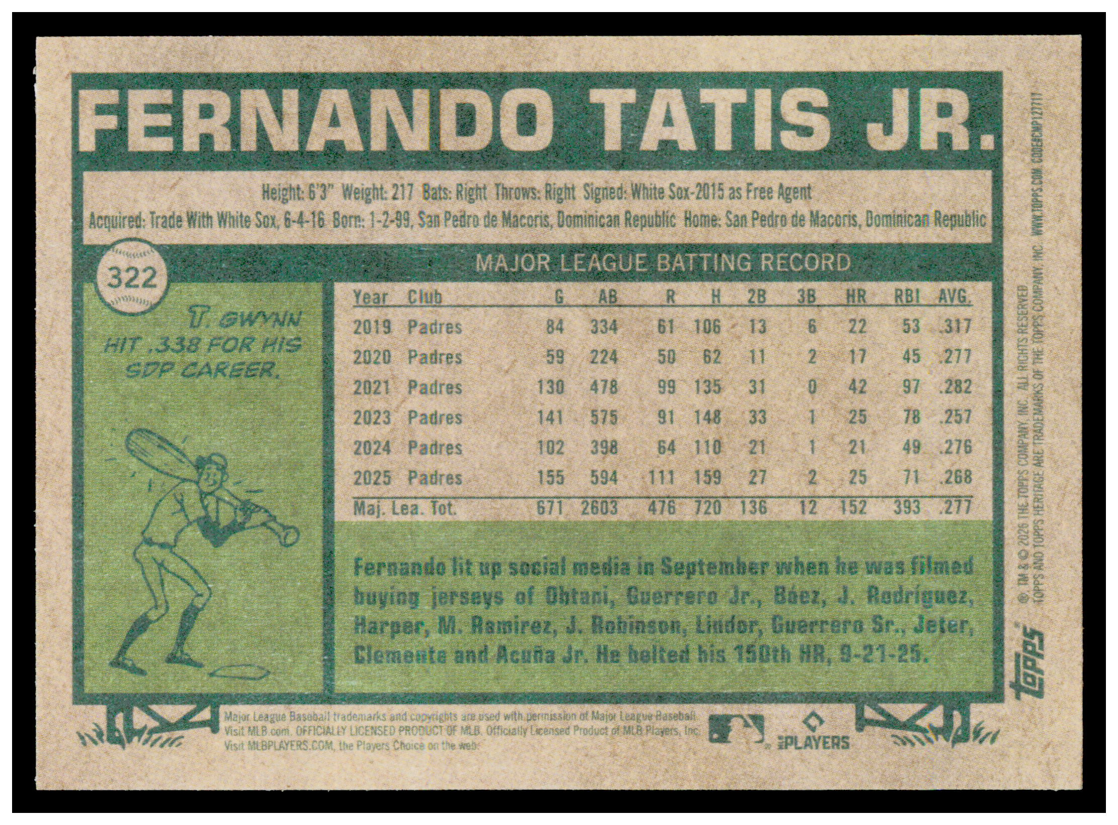 2026 Topps Heritage Fernando Tatis Jr. Card San Diego Padres #322