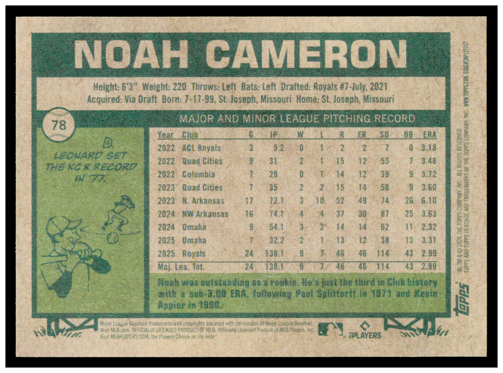 2026 Topps Heritage Noah Cameron Card Kansas City Royals #78