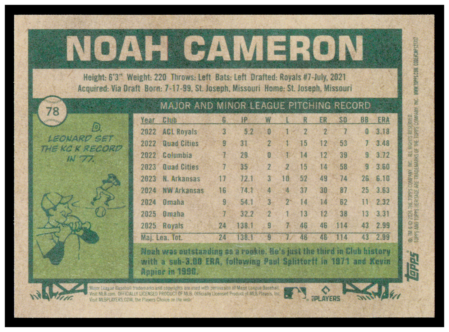 2026 Topps Heritage Noah Cameron Card Kansas City Royals #78
