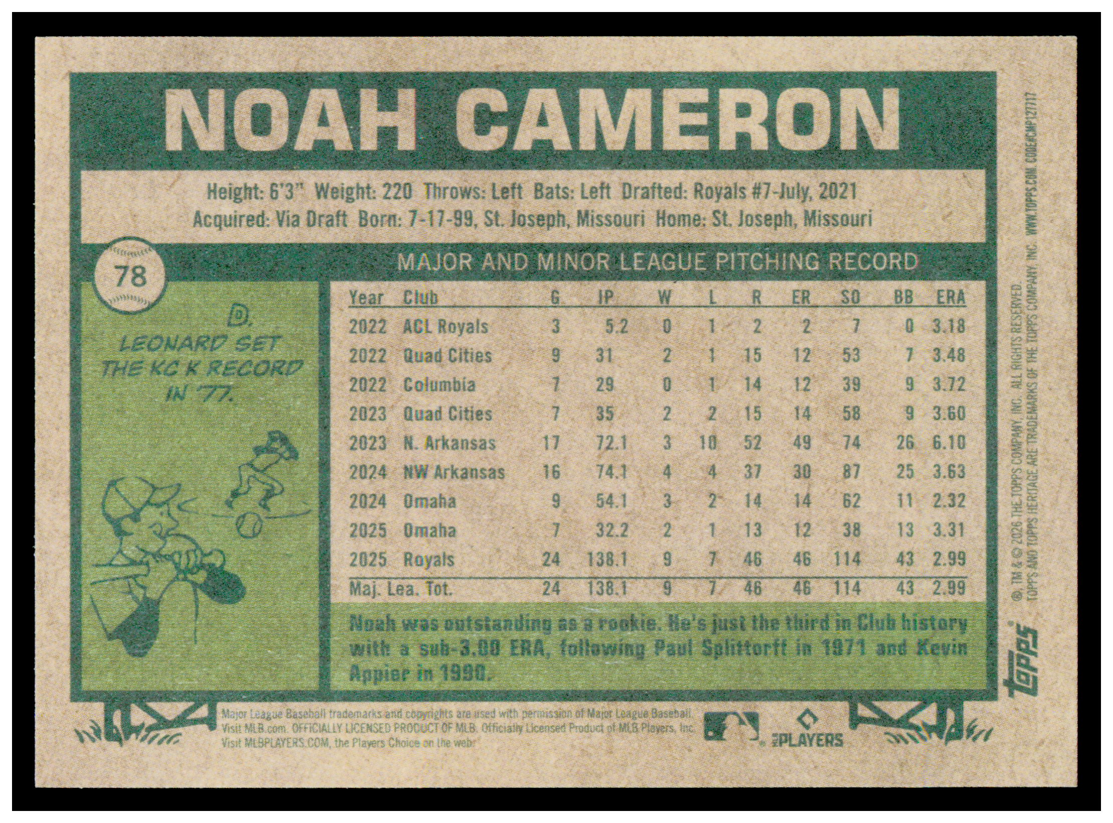 2026 Topps Heritage Noah Cameron Card Kansas City Royals #78