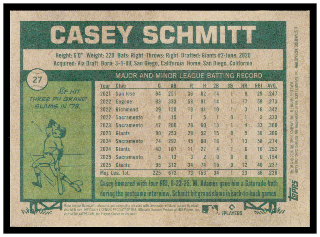 2026 Topps Heritage Casey Schmitt Card San Francisco Giants #27