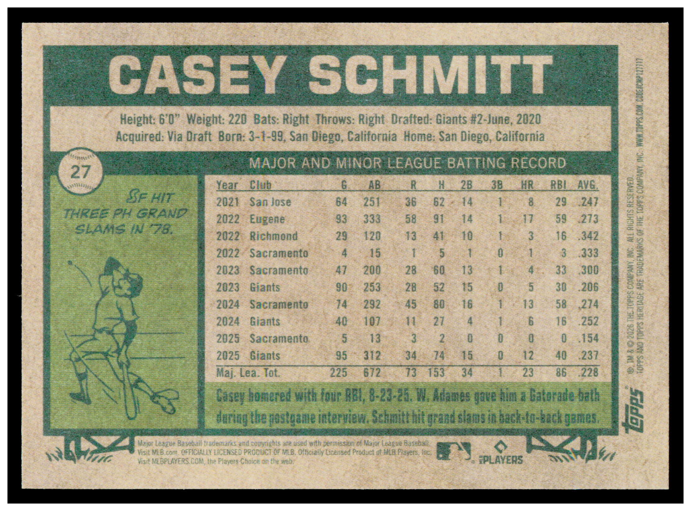 2026 Topps Heritage Casey Schmitt Card San Francisco Giants #27