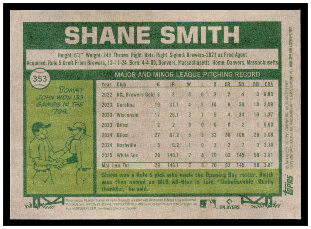 2026 Topps Heritage Shane Smith Card Dark Green Chicago White Sox #353
