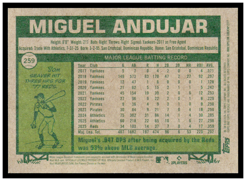 2026 Topps Heritage Miguel Andujar Card Cincinnati Reds #259