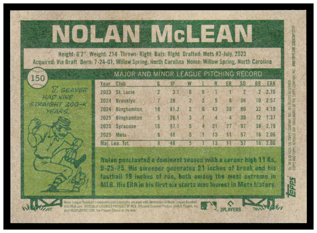 2026 Topps Heritage Nolan McLean Card RC New York Mets #150