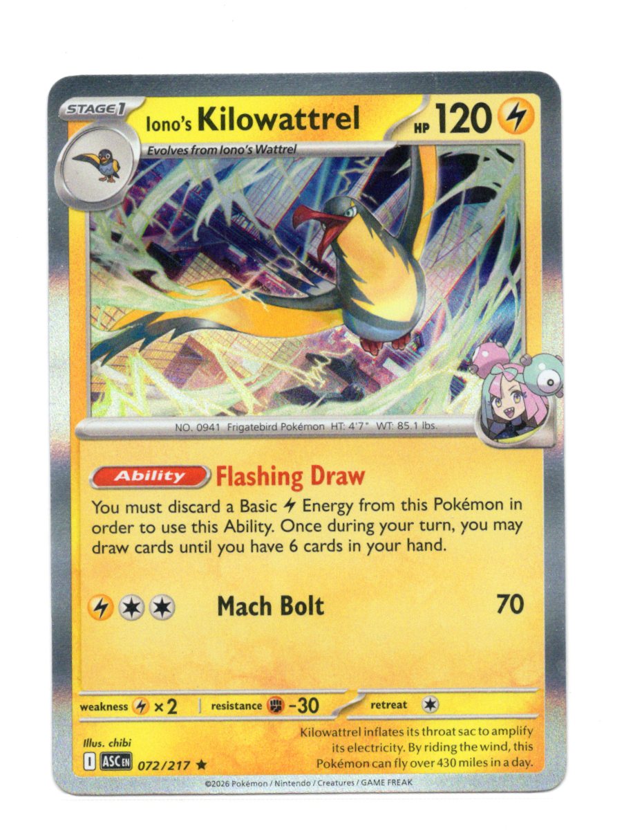 2026 Pokemon Ascended Heroes Iono's Kilowattrel #072/217 Rare Holofoil TCG