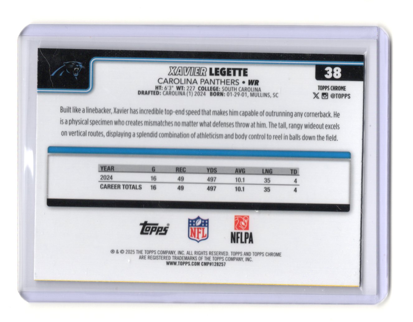 2025 Topps Chrome Xavier Legette Card Football Leather Refractor Carolina