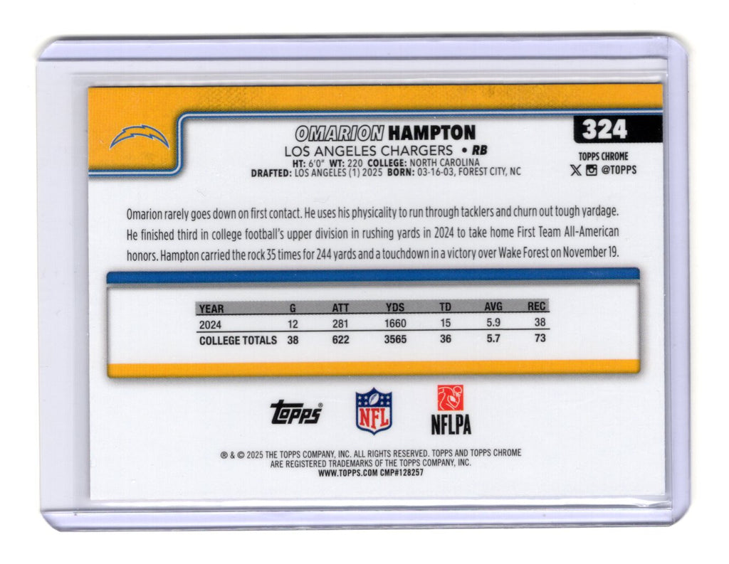 2025 Topps Chrome Omarion Hampton Card Red White and Blue Refractor RC Chargers