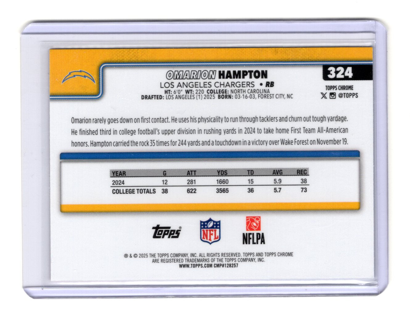 2025 Topps Chrome Omarion Hampton Card Red White and Blue Refractor RC Chargers