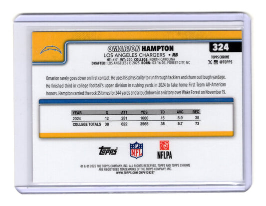 2025 Topps Chrome Omarion Hampton Card Red White and Blue Refractor RC Chargers