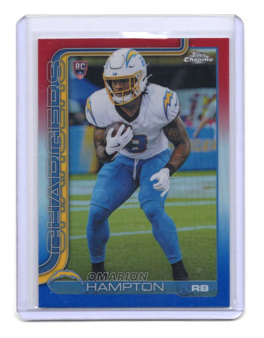 2025 Topps Chrome Omarion Hampton Card Red White and Blue Refractor RC Chargers