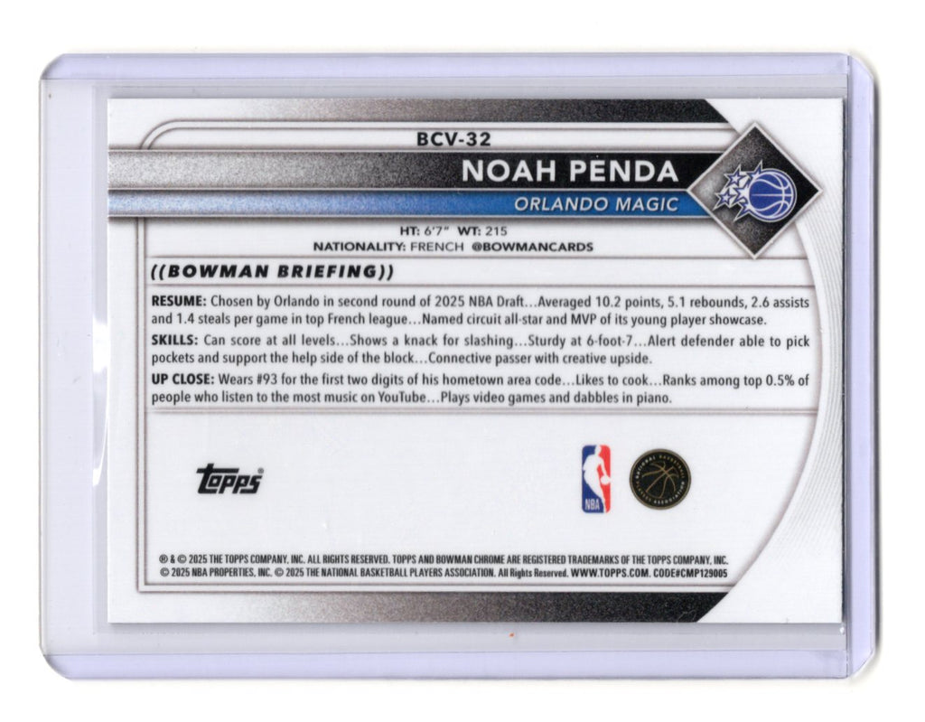2025-26 Bowman Noah Penda Card Chrome Reptilian Refractor Orlando Magic #BCV-32