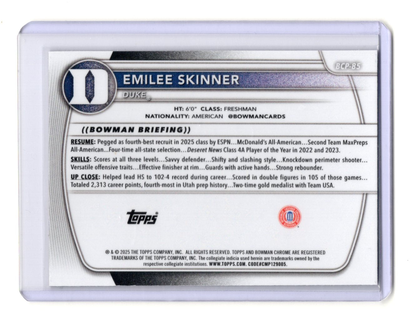 2025-26 Bowman Emilee Skinner Card Chrome Prospects Reptilian Refractor Duke