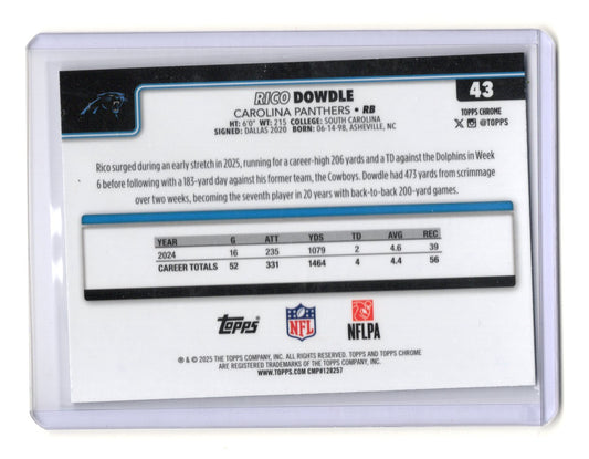 2025 Topps Chrome Rico Dowdle Card Pulsar Refractor Carolina Panthers #43