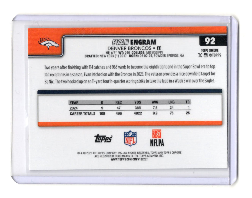 2025 Topps Chrome Evan Engram Card X-Fractor Denver Broncos #92