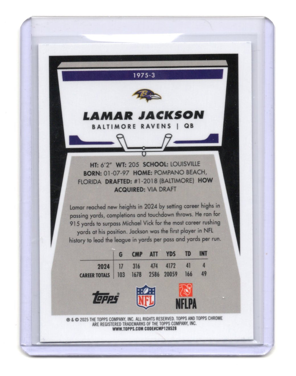 2025 Topps Chrome Lamar Jackson Card 1975 Topps Baltimore Ravens #1975-3