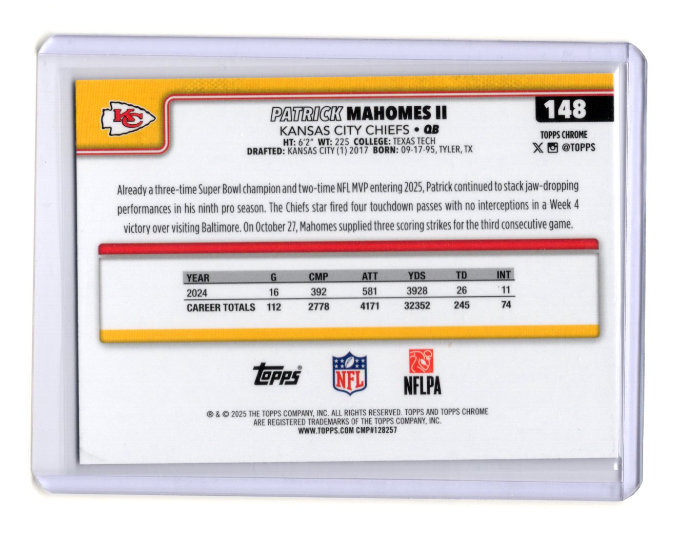 2025 Topps Chrome Patrick Mahomes II Card Kansas City Chiefs #148