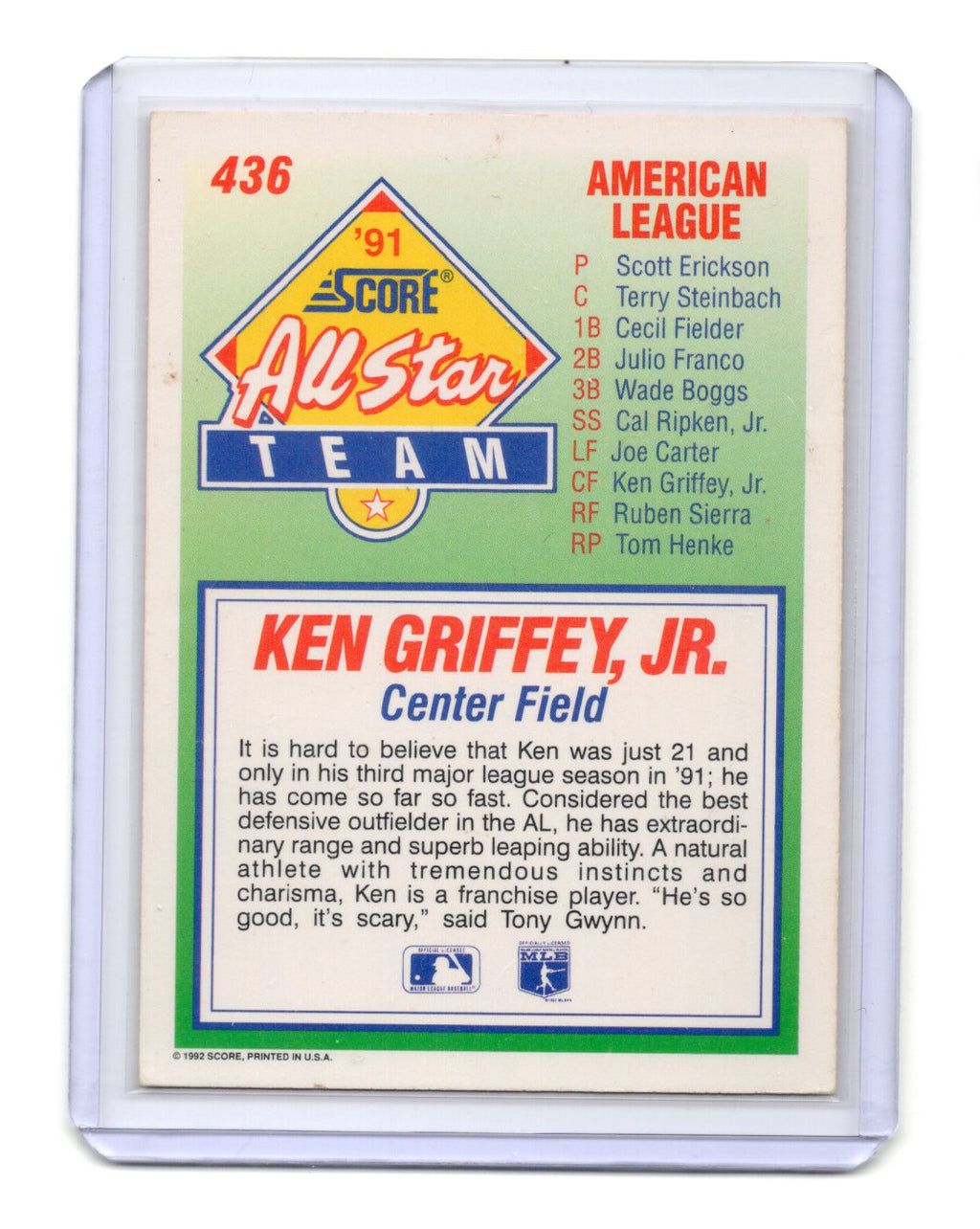 1992 Score Ken Griffey, Jr. Card Seattle Mariners #436