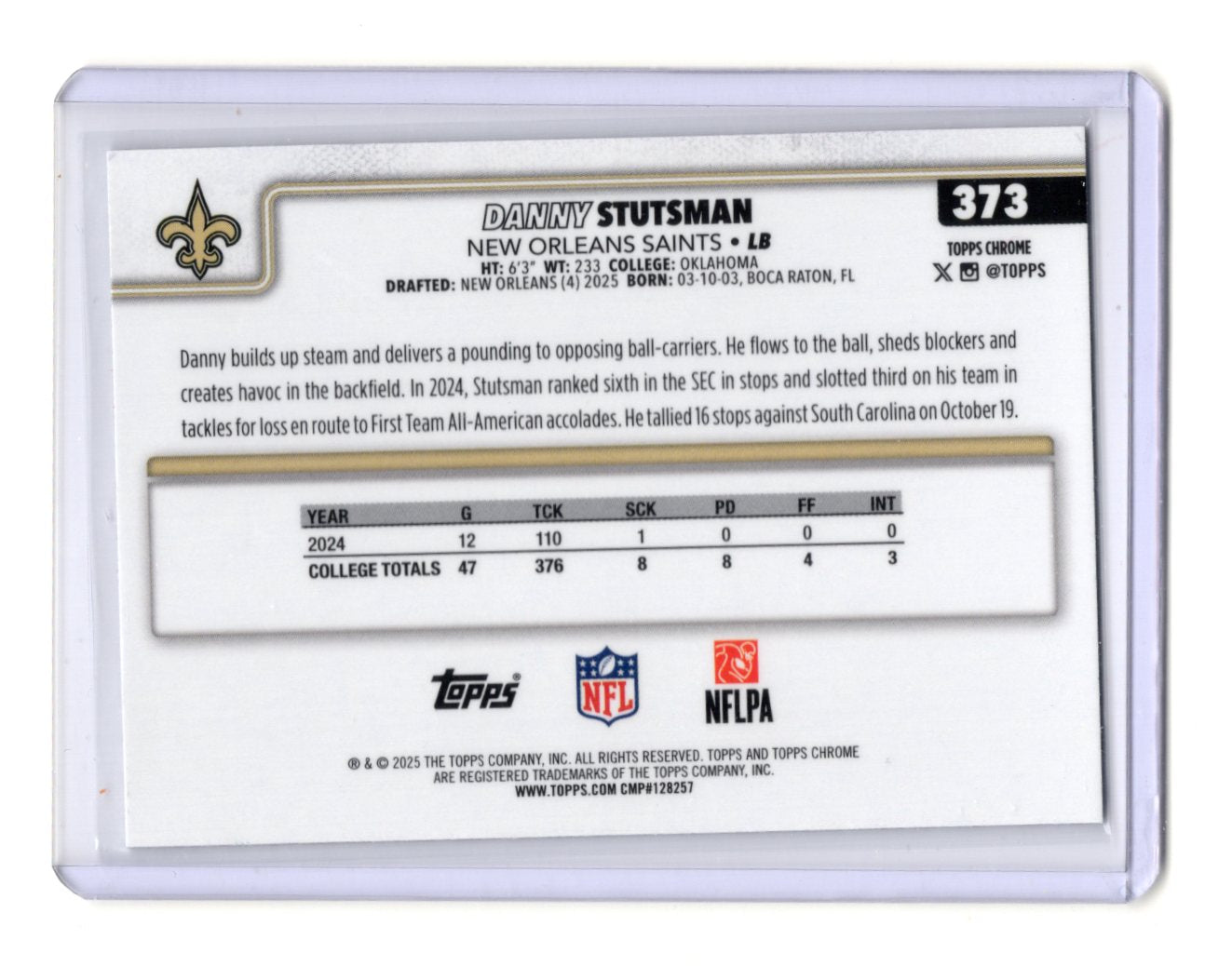 2025 Topps Chrome Danny Stutsman Card X-Fractor RC New Orleans Saints #373