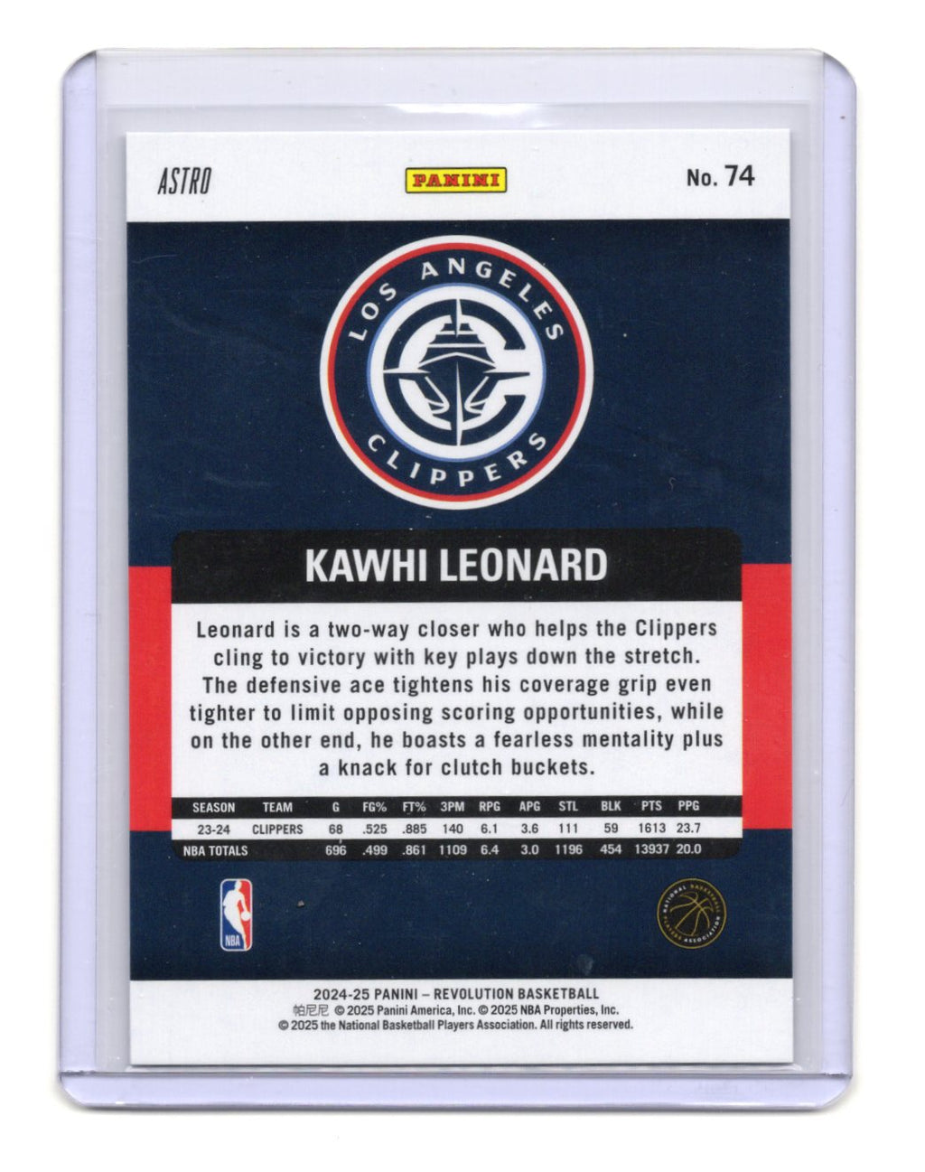 2024-25 Panini Revolution Kawhi Leonard Card Astro Los Angeles Clippers #74