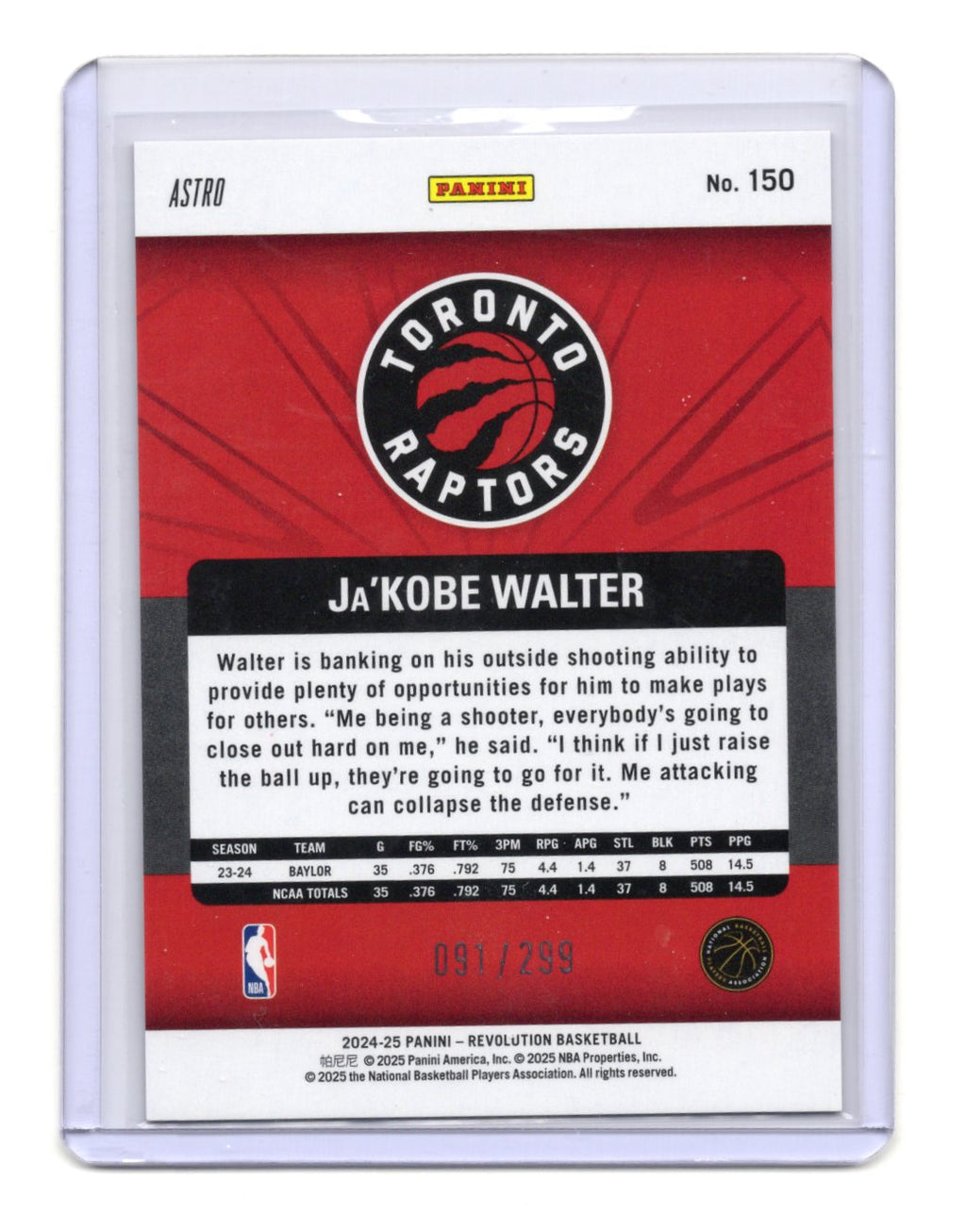 2024-25 Panini Revolution Ja'Kobe Walter Card Fractal RC Toronto Raptors #150