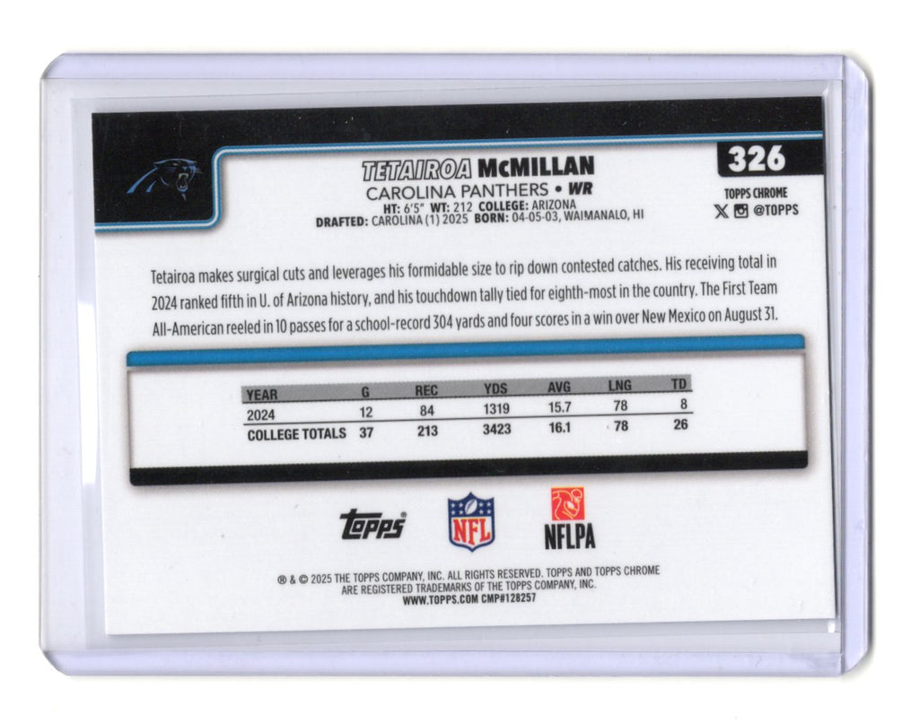 2025 Topps Chrome Tetairoa McMillan Card RC Carolina Panthers #326