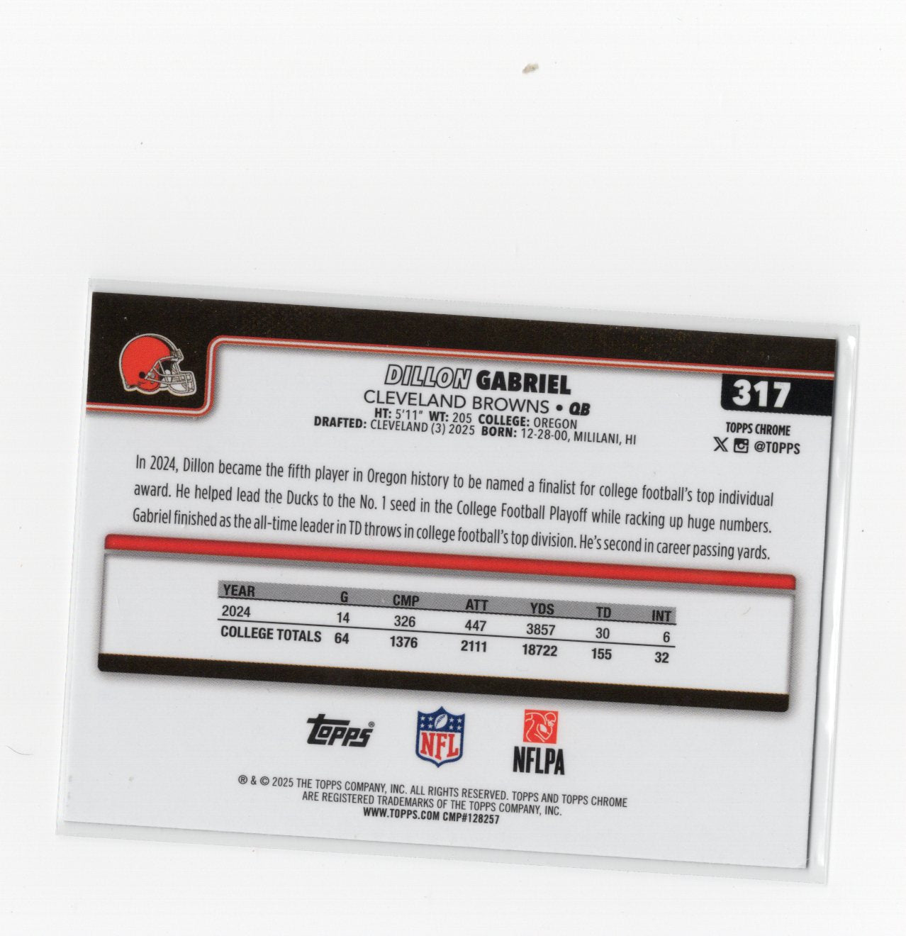 2025 Topps Chrome Dillon Gabriel Card RC Cleveland Browns #317