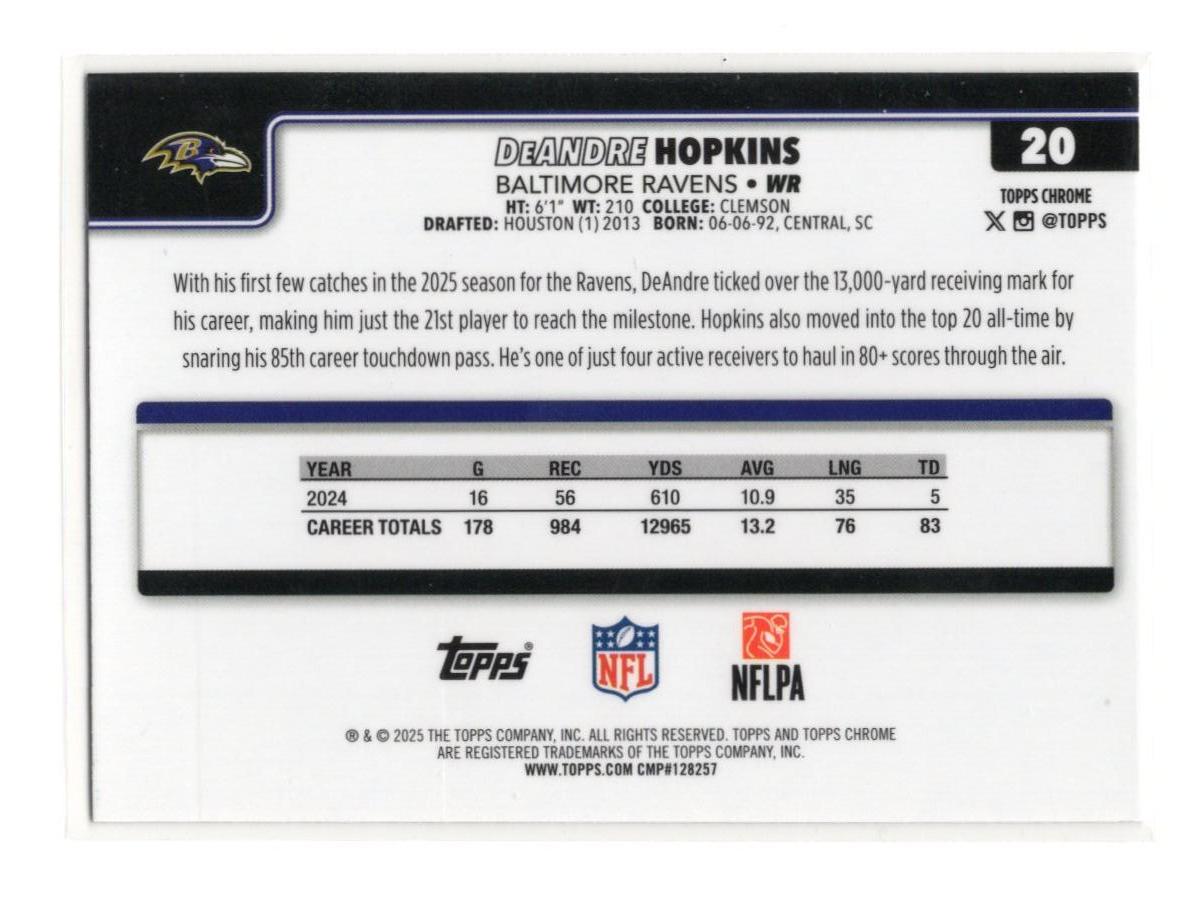 2025 Topps Chrome DeAndre Hopkins Card Ray Wave Refractor Ravens #20