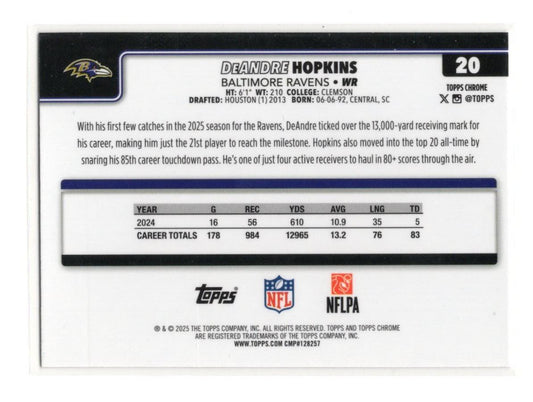 2025 Topps Chrome DeAndre Hopkins Card Ray Wave Refractor Ravens #20