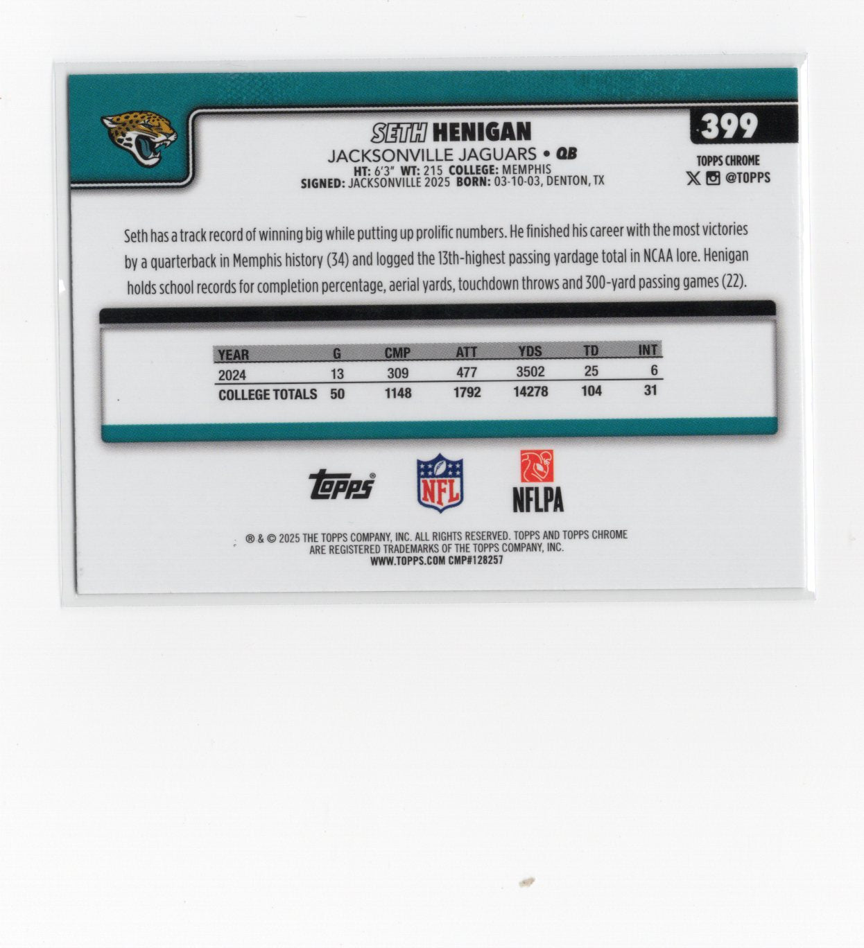2025 Topps Chrome Seth Henigan Card RC Jacksonville Jaguars #399