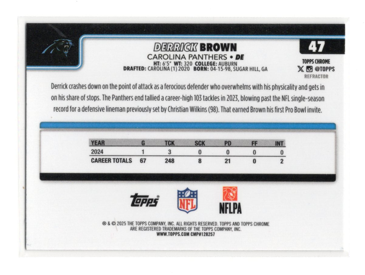 2025 Topps Chrome Derrick Brown Card Refractor Carolina Panthers #47
